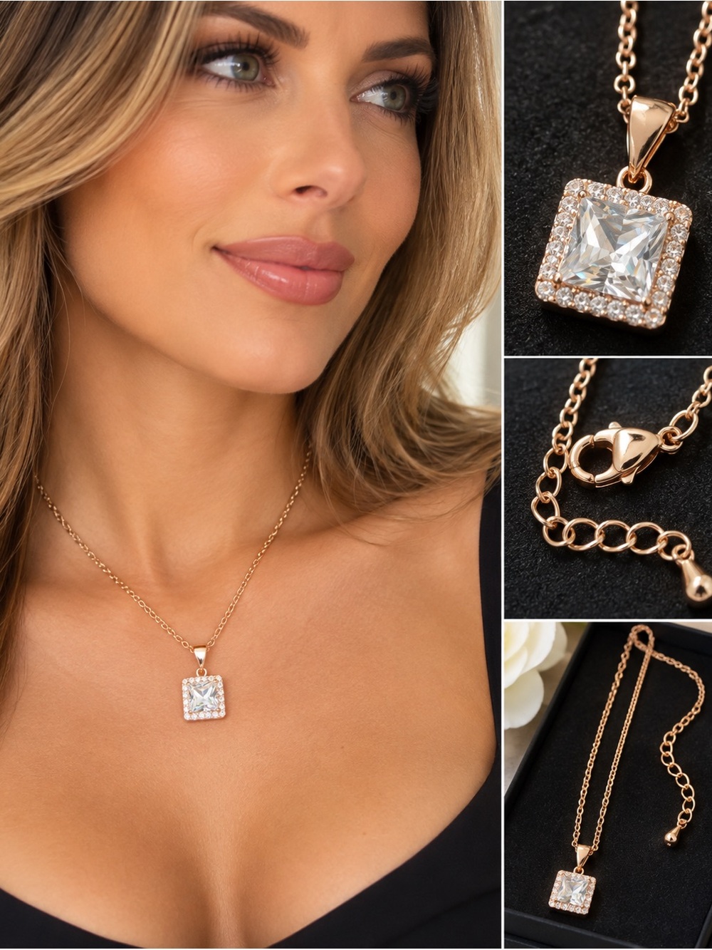 Rose Gold Square Halo Pendant Necklace with Clear Cubic Zirconia